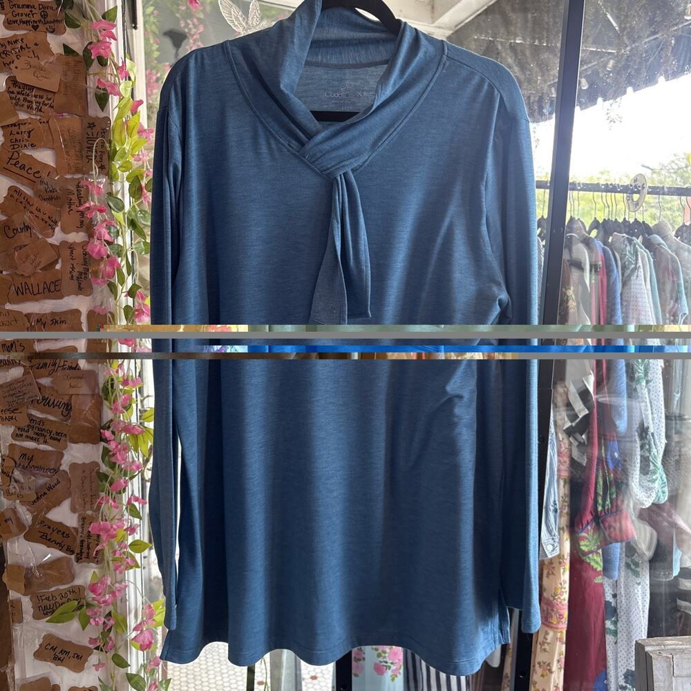 Blue Cuddl Duds Tie Mock Neck Long Sleeve Top Size XL